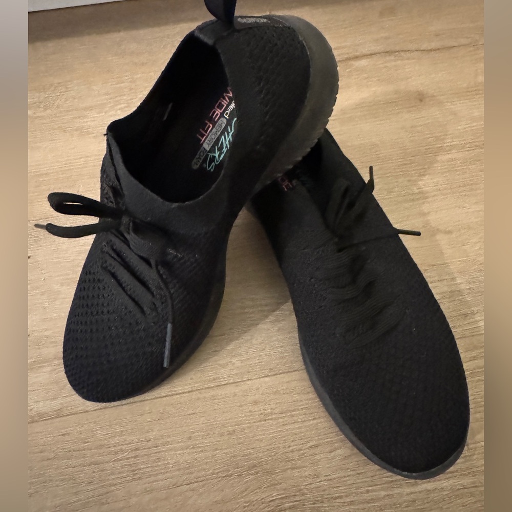 Skechers Ultra Flex Statement Black Knit Slip On Shoes Sneakers with Faux Laces